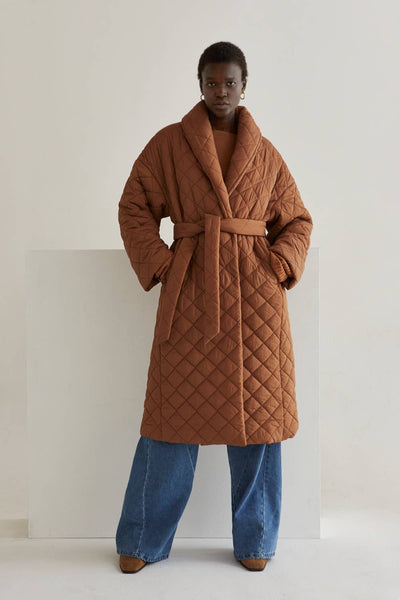 Adeline Quilted Puffer Wrap Coat: Khaki