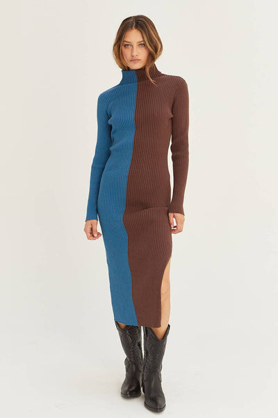 CD8069 - Jodie Colorblock Midi Sweater Dress: BLUE BROWN