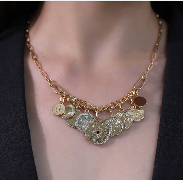 Celestial Multi Charm  Paperclip Necklace- 9 COINS