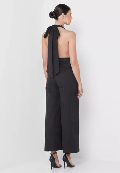 Atlanta Plunge Neck Bow Tie Halter Jumpsuit: Small / Black