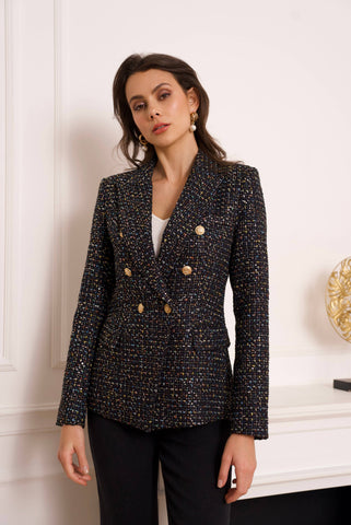 Double-breasted blazer jacket in multicolored tweed & sequins - V2321Y: Black / 1 S - 1 M - 1 L - 1 XL