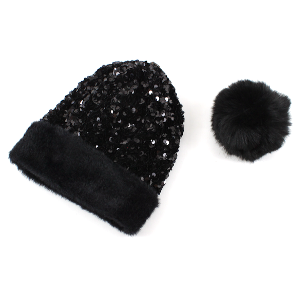 H21029 Beanie w/Pom Pom & Sequins: 04 Pink