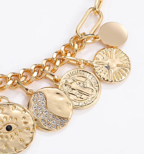 Celestial Multi Charm  Paperclip Necklace- 9 COINS