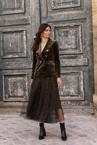Double-breasted velvet blazer with gold buttons - V1721N: Bordeaux