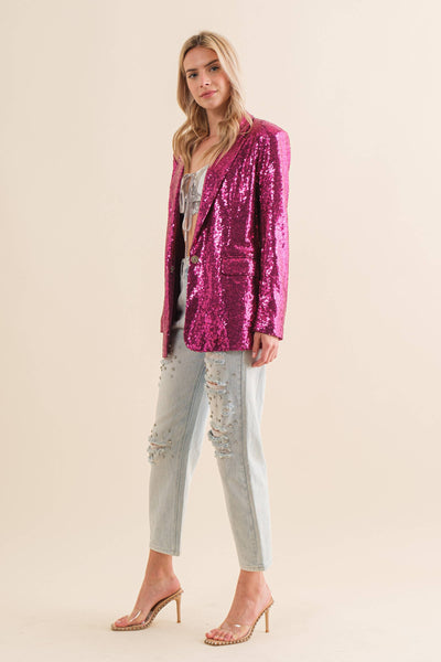 22573J  -Sequin Boyfriend Single Blazer: FUCHSIA