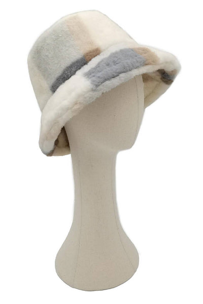 Winter Plaid Pattern Faux Fur Bucket Hat: Brown / One Size