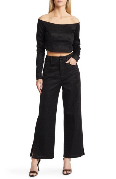 Ellis Straight Cut Metallic Sparkle Trousers: Small / Black