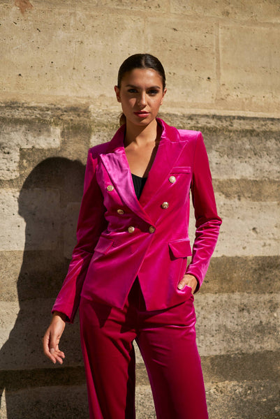 Double-breasted velvet blazer with gold buttons - V1721N: Bordeaux