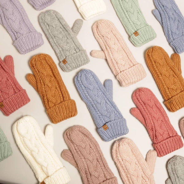 Winter Gloves Cable Knit Mittens with Fleece Lined: One Size / PINK