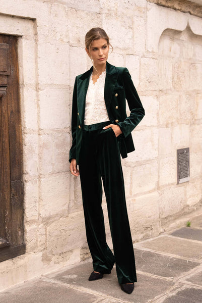 High-waisted straight-cut velvet trousers - P2228: Bordeaux