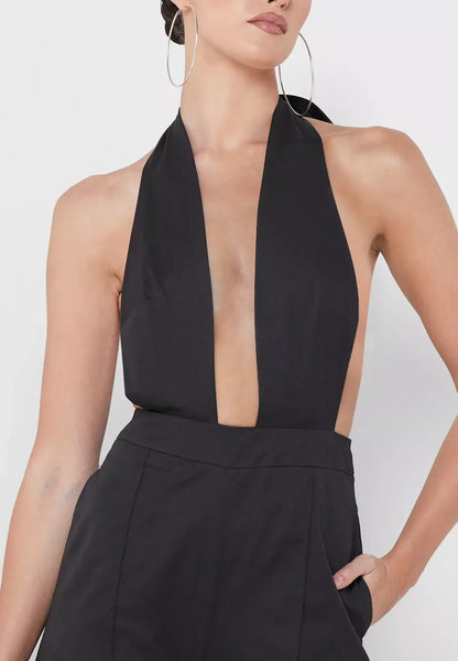 Atlanta Plunge Neck Bow Tie Halter Jumpsuit: Small / Black