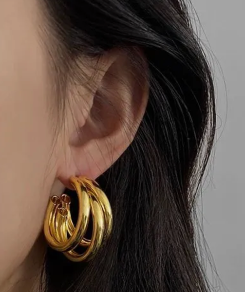 Triple Medium Hoop High Shine Steel Earring: Yellow Gold