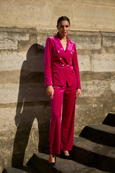 Double-breasted velvet blazer with gold buttons - V1721N: Bordeaux