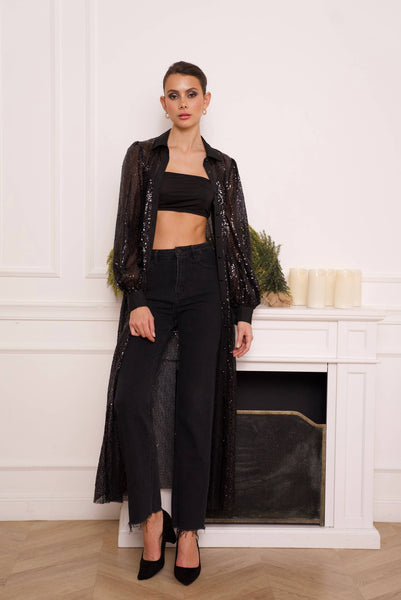 Long sequin sequin dress jacket - CK08341: Black