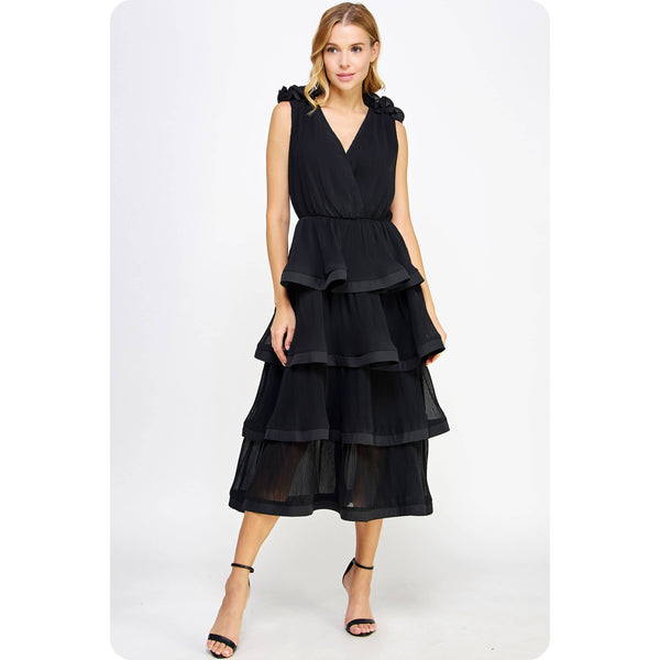 Ruffle Tiered Midi Dress: Black