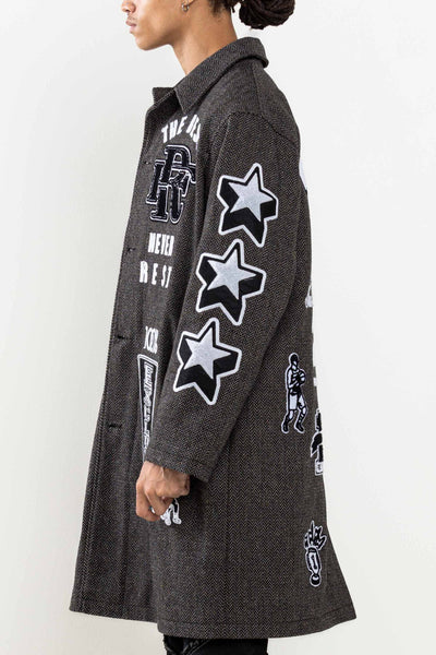 MULTI PATCHES  WOOL HERRINGBONE LONG JACKET: Charcoal / L