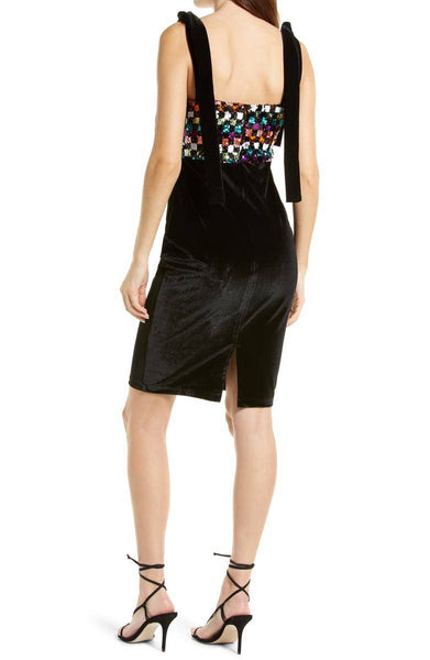 Madison Shoulder Tie Velvet Sequin Contrast Dress: BLACK