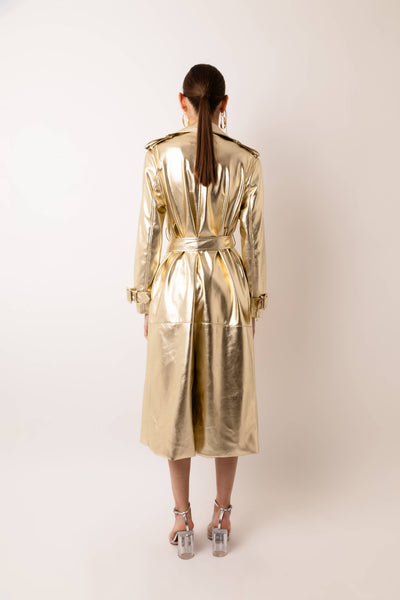 Lupe Faux Leather Gold Trench Coat: Gold
