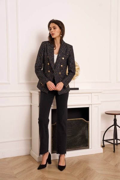Double-breasted blazer jacket in multicolored tweed & sequins - V2321Y: Black / 1 S - 1 M - 1 L - 1 XL