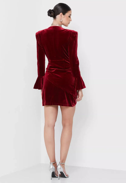 Victoria Long Sleeve Velvet Wrap Mini Dress: Small / Burgundy