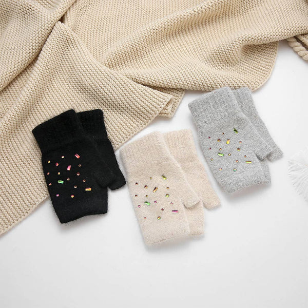 Colorful Crystal Fingerless Gloves: ONE SIZE / BLK