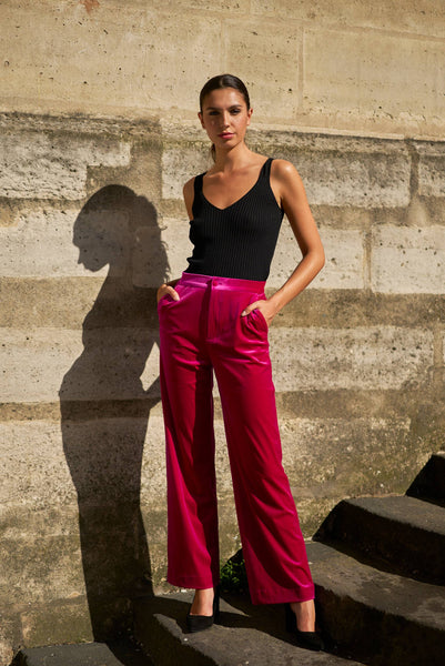High-waisted straight-cut velvet trousers - P2228: Bordeaux