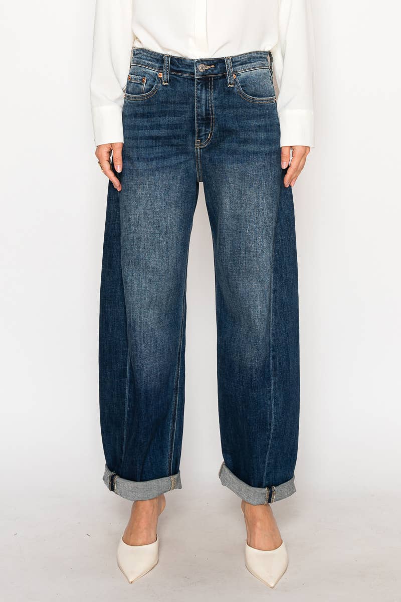 High Rise Relaxed Tapered Barrel Jeans – Dark Wash