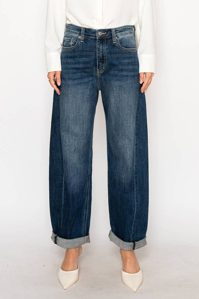 High Rise Relaxed Tapered Barrel Jeans – Dark Wash