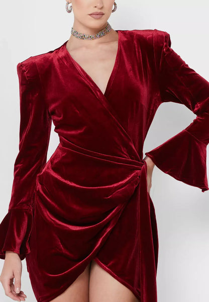 Victoria Long Sleeve Velvet Wrap Mini Dress: Small / Burgundy
