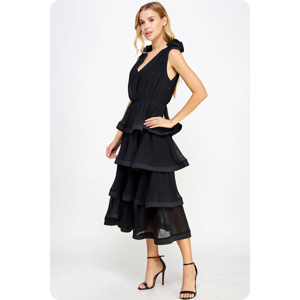 Ruffle Tiered Midi Dress: Black