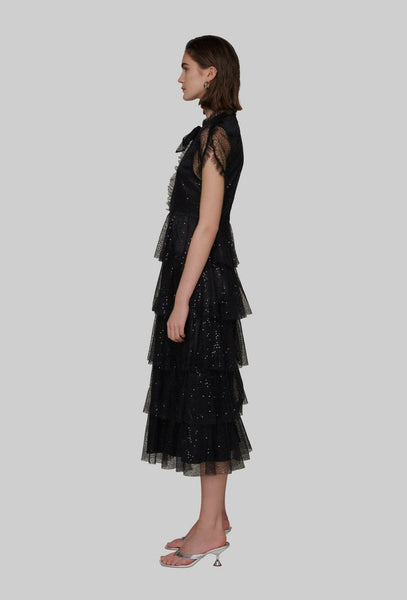 Amy Lynn Alder Meshed Cascading Frill MIDI Dress