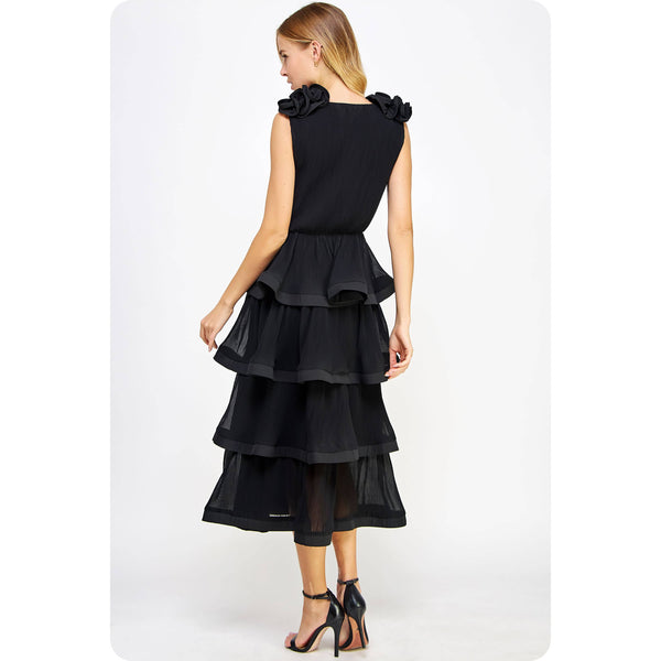 Ruffle Tiered Midi Dress: Black