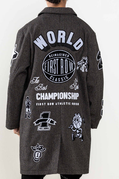 MULTI PATCHES  WOOL HERRINGBONE LONG JACKET: Charcoal / L