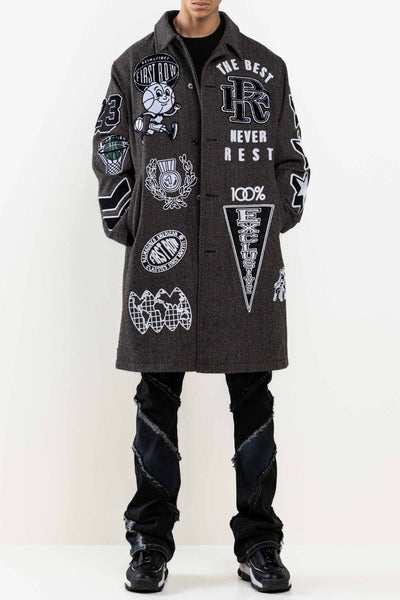 MULTI PATCHES  WOOL HERRINGBONE LONG JACKET: Charcoal / L