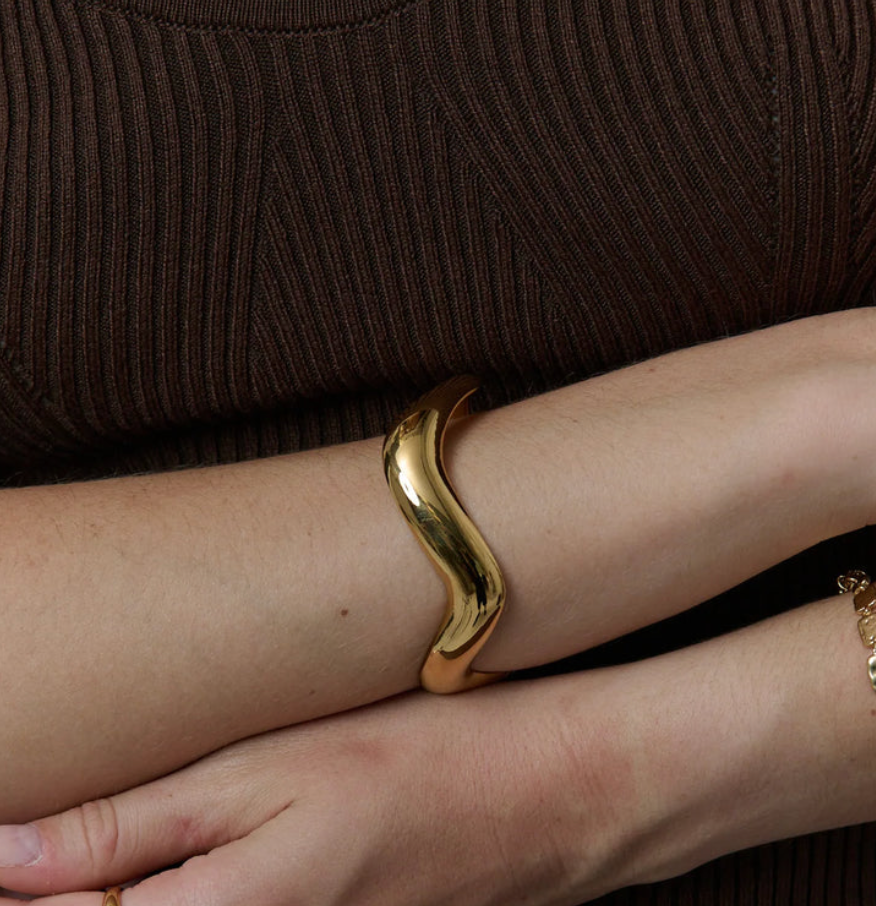 Editorial Wave Cuff Bangle Bracelet-14K Gold PVD- Recycled : Silver