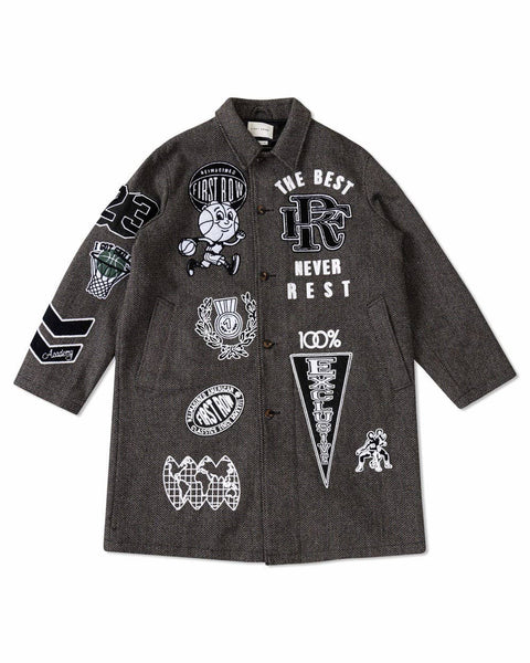 MULTI PATCHES  WOOL HERRINGBONE LONG JACKET: Charcoal / L