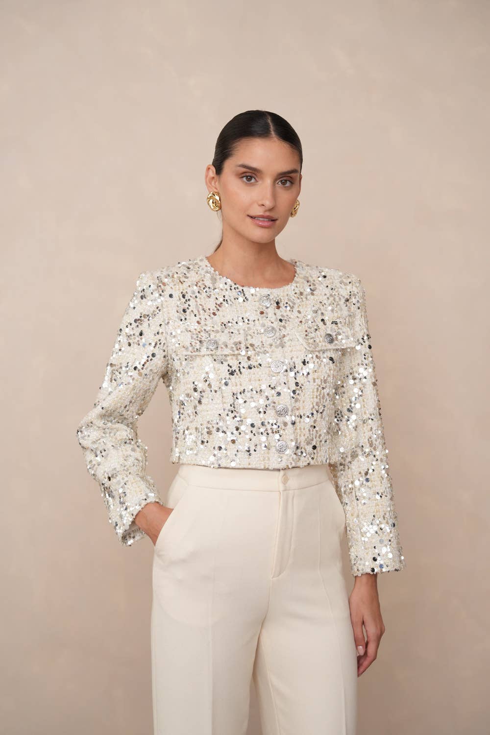 Jenny short jacket in tweed & sequins - CK08346: Ecru