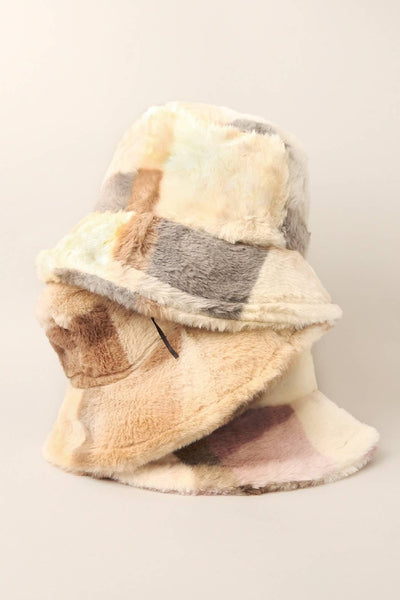 Winter Plaid Pattern Faux Fur Bucket Hat: Brown / One Size