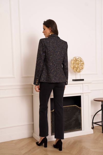 Double-breasted blazer jacket in multicolored tweed & sequins - V2321Y: Black / 1 S - 1 M - 1 L - 1 XL