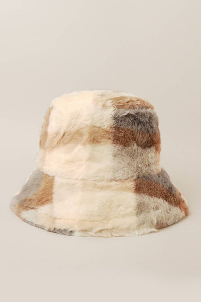 Winter Plaid Pattern Faux Fur Bucket Hat: Brown / One Size