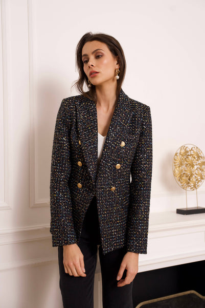 Double-breasted blazer jacket in multicolored tweed & sequins - V2321Y: Black / 1 S - 1 M - 1 L - 1 XL