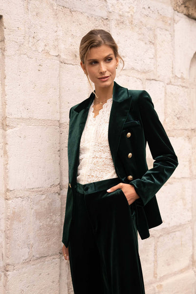 Double-breasted velvet blazer with gold buttons - V1721N: Bordeaux