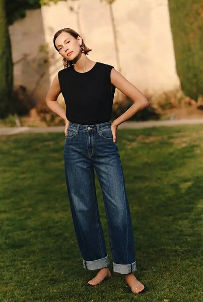 High Rise Relaxed Tapered Barrel Jeans – Dark Wash