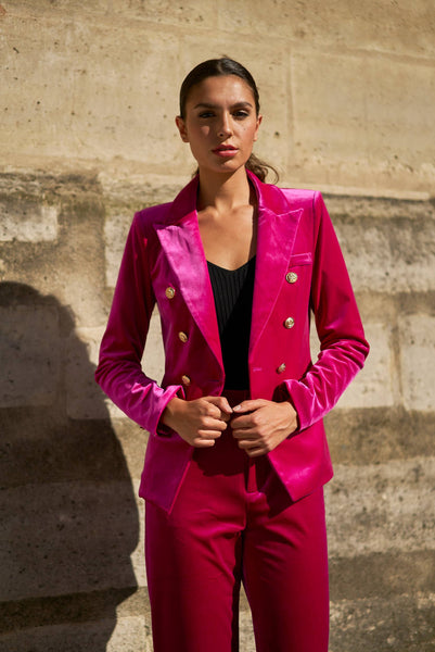Double-breasted velvet blazer with gold buttons - V1721N: Bordeaux