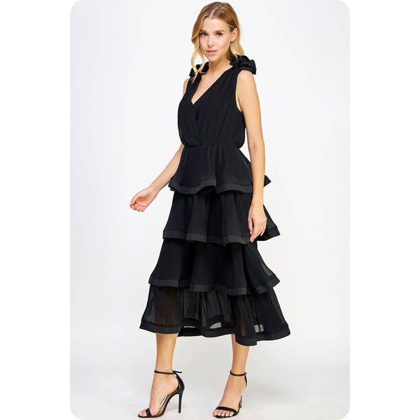 Ruffle Tiered Midi Dress: Black