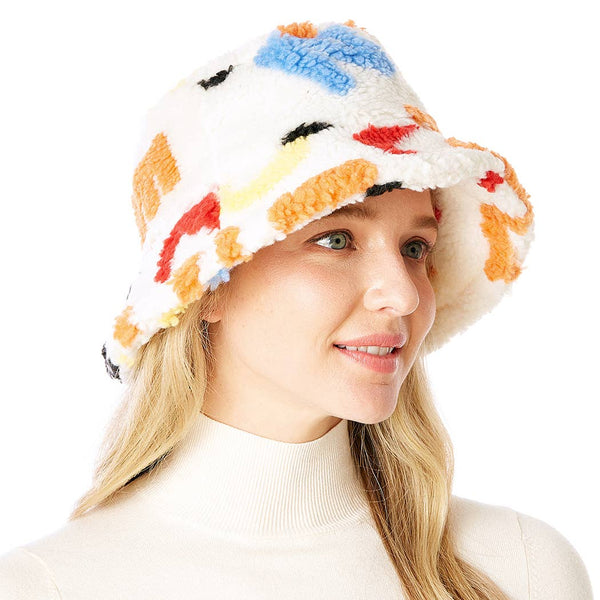 Multi-Colored Alphabet Faux Sherpa Bucket Hat: ONE SIZE / White