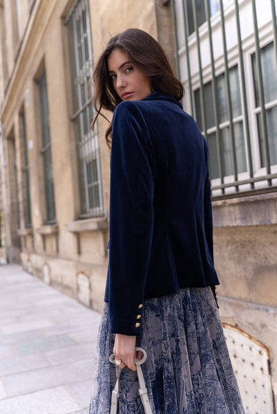 Double-breasted velvet blazer with gold buttons - V1721N: Bordeaux