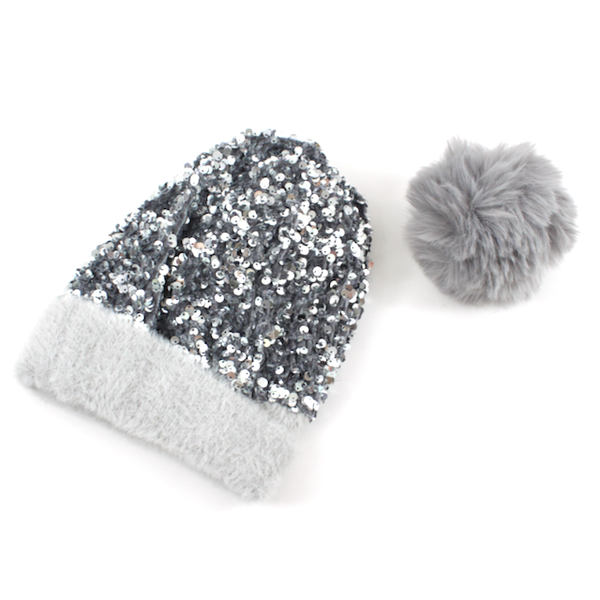 H21029 Beanie w/Pom Pom & Sequins: 04 Pink