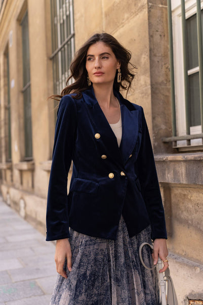 Double-breasted velvet blazer with gold buttons - V1721N: Bordeaux