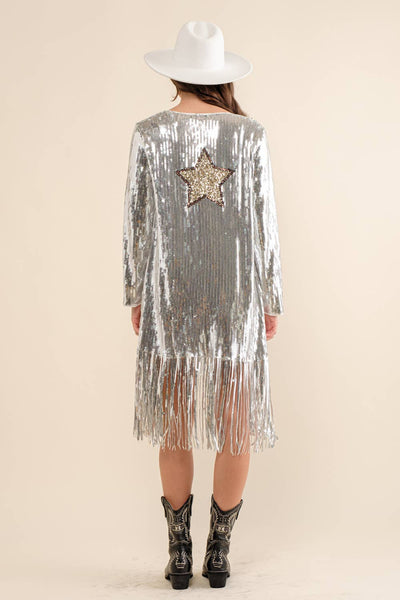 32736J - Sequin Fringe Star Back Open Cardigan: SILVER